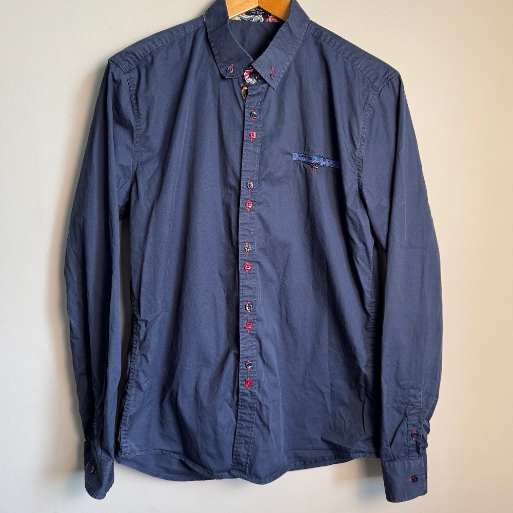 Coofandy Mens Casual‎ Dress Shirt Navy Paisley Flip Cuffs Size Medium Preppy
